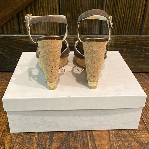 Jimmy Choo Perla Suede/Cork Wedge Sandal Pecan 37/7 NIB - Picture 7 of 11